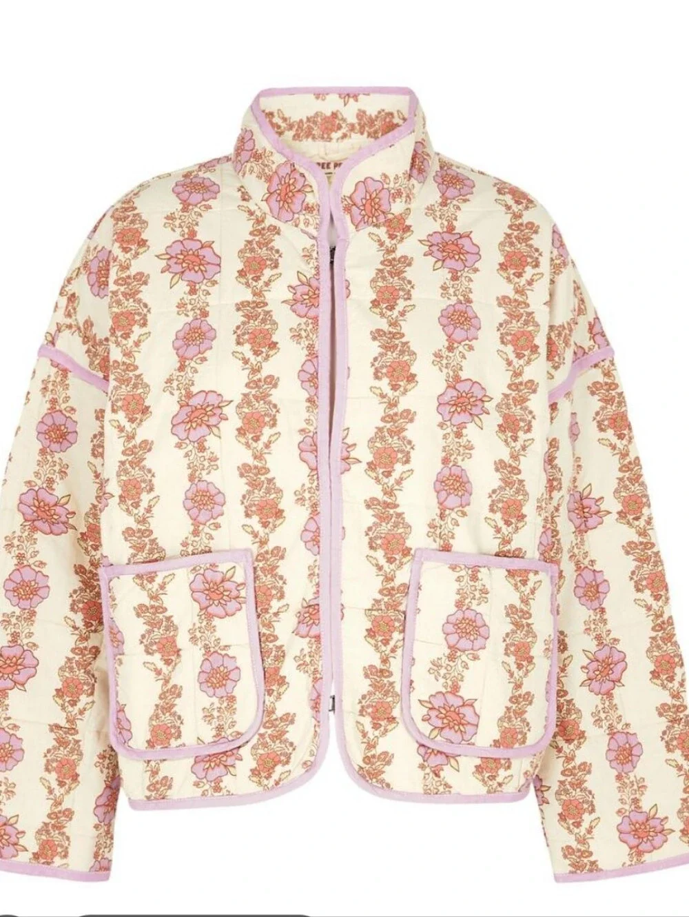 FREE PEOPLE Chloe Boho Quilted Floral Jacket Lilac Cream Large NWT